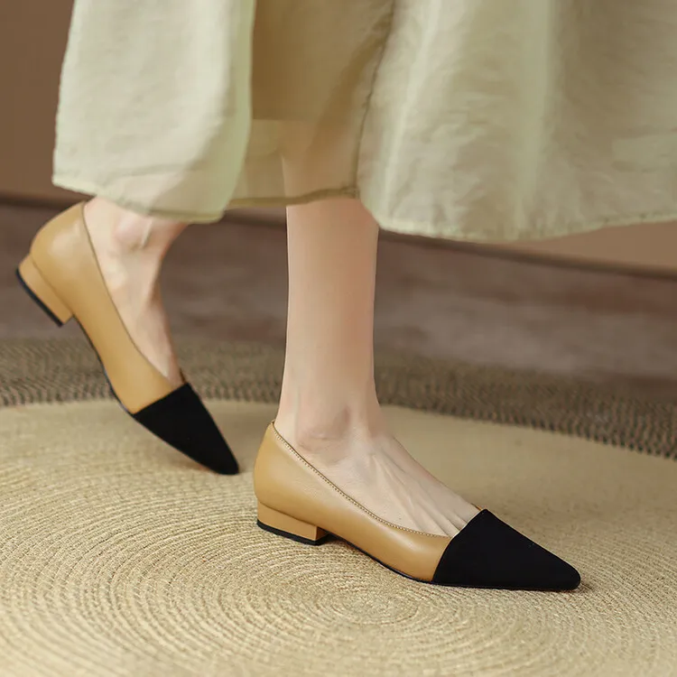 Spring pointed-toe low-cut flat shoes, color-blocked, chunky heel, sheepskin fashion women's shoes, size 22-15b