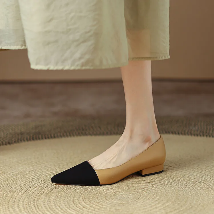 Spring pointed-toe low-cut flat shoes, color-blocked, chunky heel, sheepskin fashion women's shoes, size 22-15b