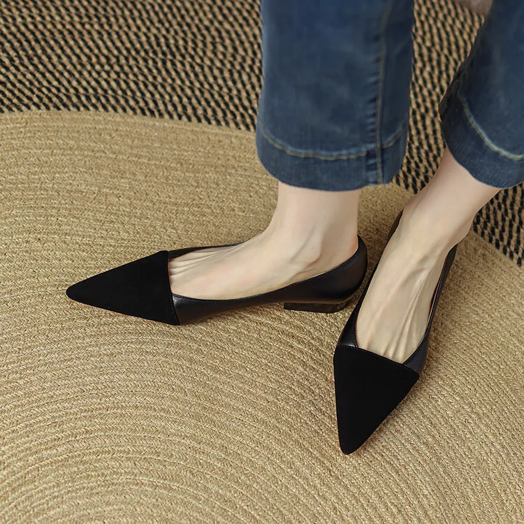 Spring pointed-toe low-cut flat shoes, color-blocked, chunky heel, sheepskin fashion women's shoes, size 22-15b