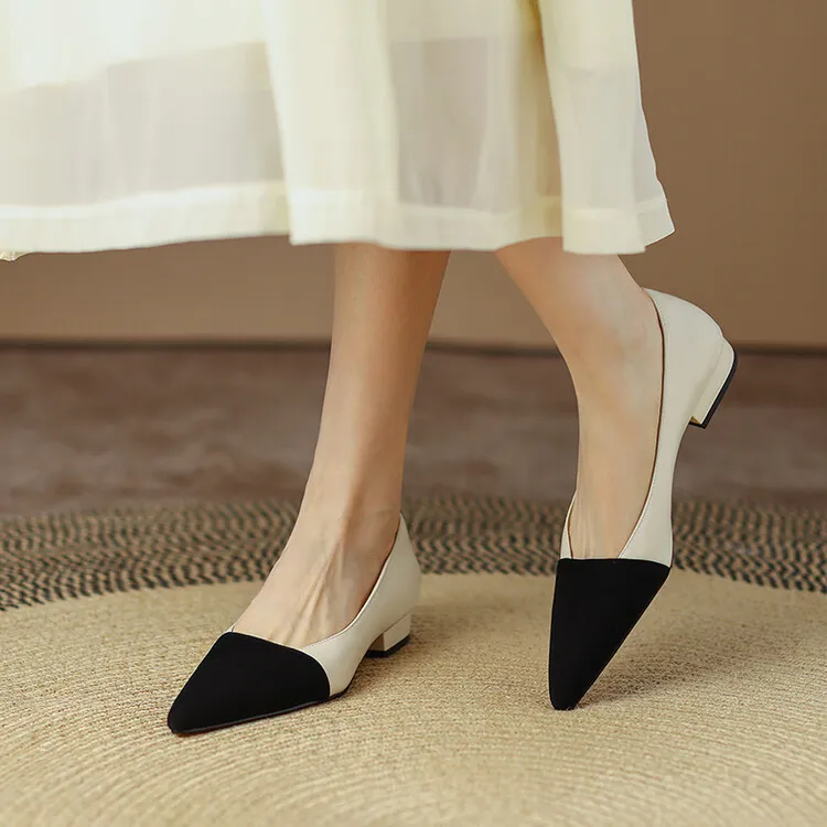 Spring pointed-toe low-cut flat shoes, color-blocked, chunky heel, sheepskin fashion women's shoes, size 22-15b