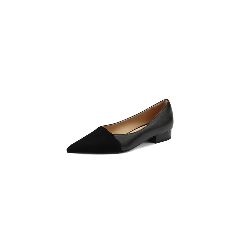 Spring pointed-toe low-cut flat shoes, color-blocked, chunky heel, sheepskin fashion women's shoes, size 22-15b