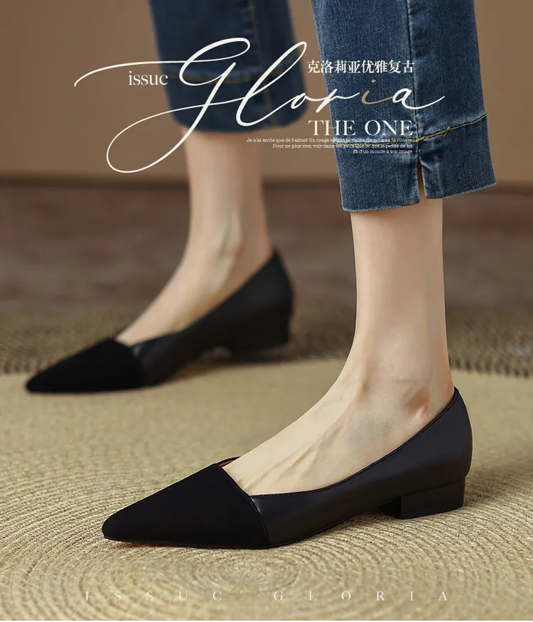 Spring pointed-toe low-cut flat shoes, color-blocked, chunky heel, sheepskin fashion women's shoes, size 22-15b