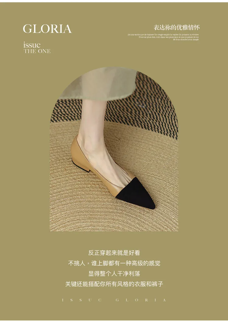 Spring pointed-toe low-cut flat shoes, color-blocked, chunky heel, sheepskin fashion women's shoes, size 22-15b