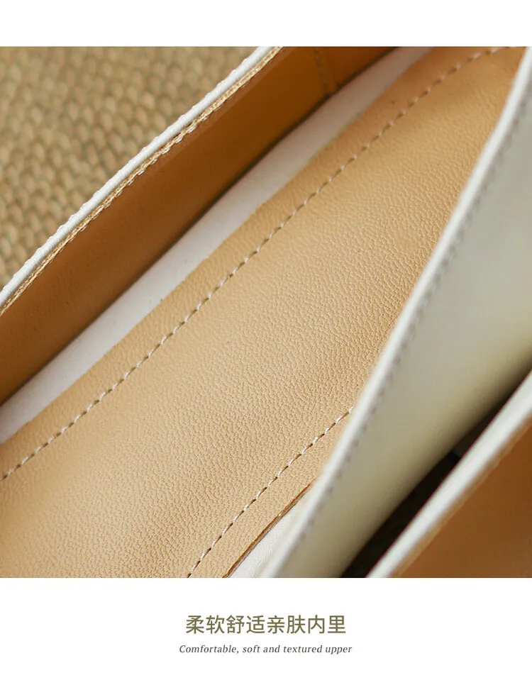 Spring pointed-toe low-cut flat shoes, color-blocked, chunky heel, sheepskin fashion women's shoes, size 22-15b