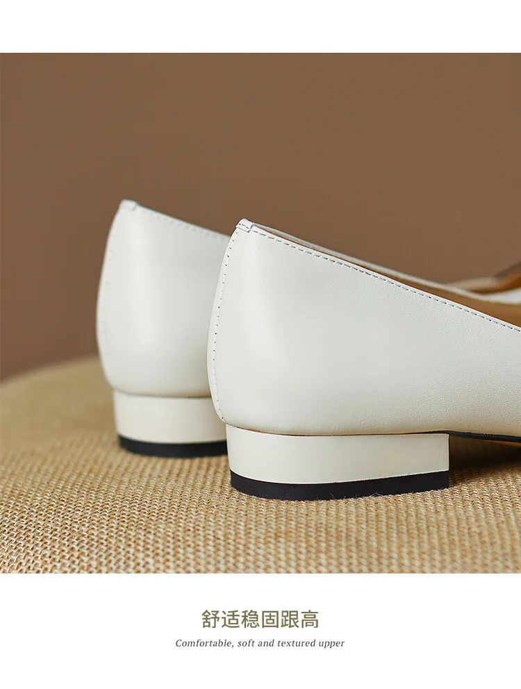 Spring pointed-toe low-cut flat shoes, color-blocked, chunky heel, sheepskin fashion women's shoes, size 22-15b