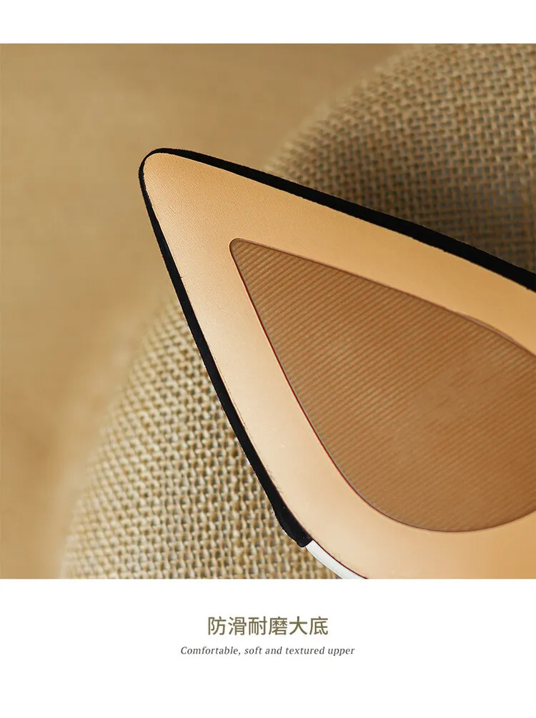 Spring pointed-toe low-cut flat shoes, color-blocked, chunky heel, sheepskin fashion women's shoes, size 22-15b
