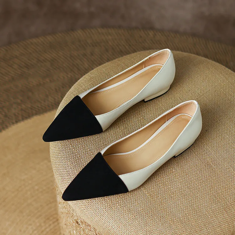 Spring pointed-toe low-cut flat shoes, color-blocked, chunky heel, sheepskin fashion women's shoes, size 22-15b