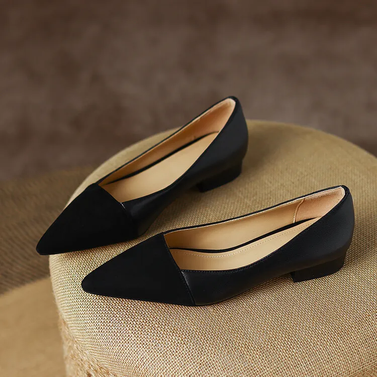 Spring pointed-toe low-cut flat shoes, color-blocked, chunky heel, sheepskin fashion women's shoes, size 22-15b