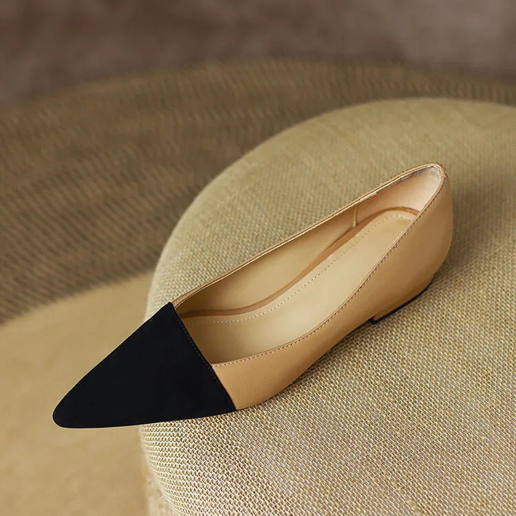 Spring pointed-toe low-cut flat shoes, color-blocked, chunky heel, sheepskin fashion women's shoes, size 22-15b