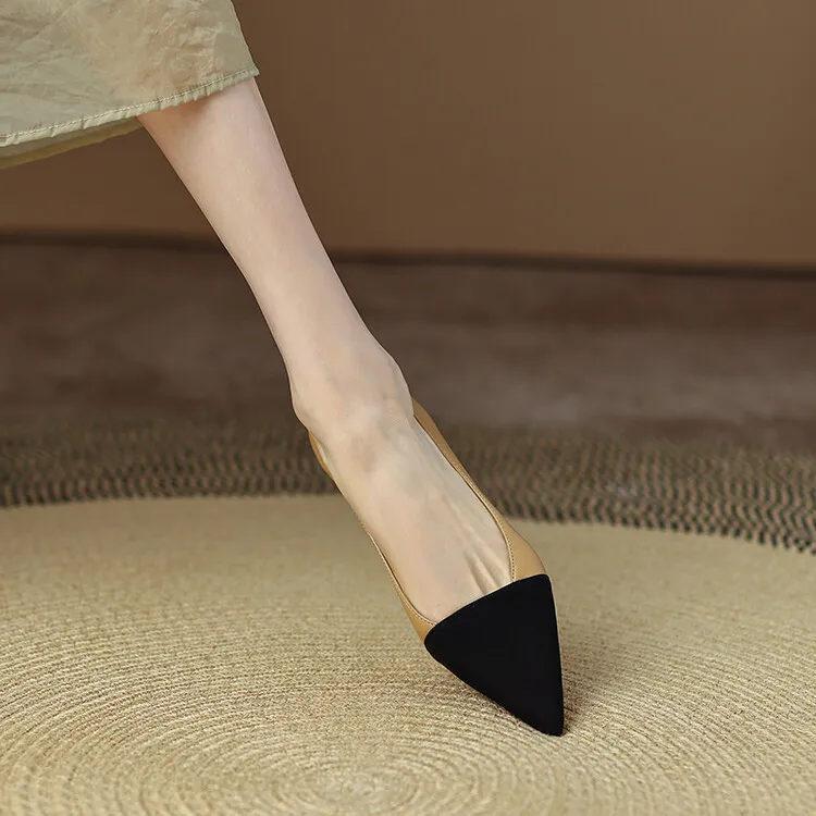 Spring pointed-toe low-cut flat shoes, color-blocked, chunky heel, sheepskin fashion women's shoes, size 22-15b