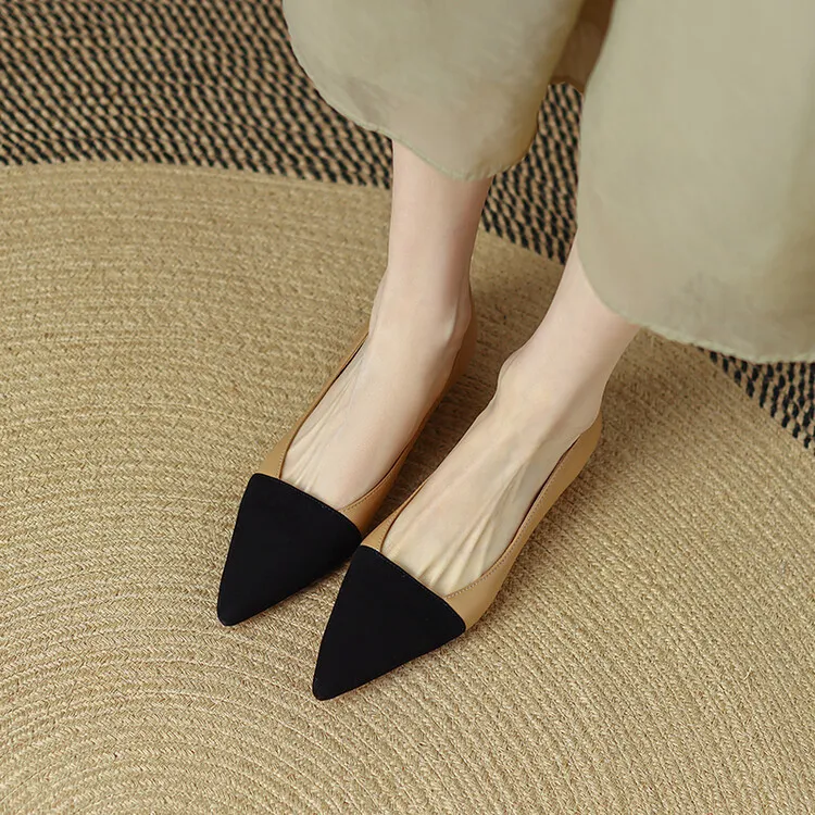 Spring pointed-toe low-cut flat shoes, color-blocked, chunky heel, sheepskin fashion women's shoes, size 22-15b