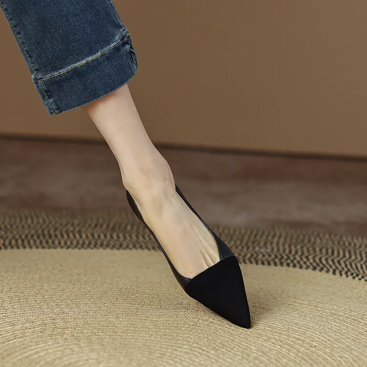 Spring pointed-toe low-cut flat shoes, color-blocked, chunky heel, sheepskin fashion women's shoes, size 22-15b