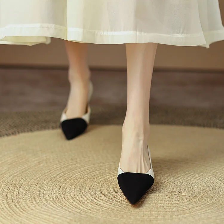 Spring pointed-toe low-cut flat shoes, color-blocked, chunky heel, sheepskin fashion women's shoes, size 22-15b