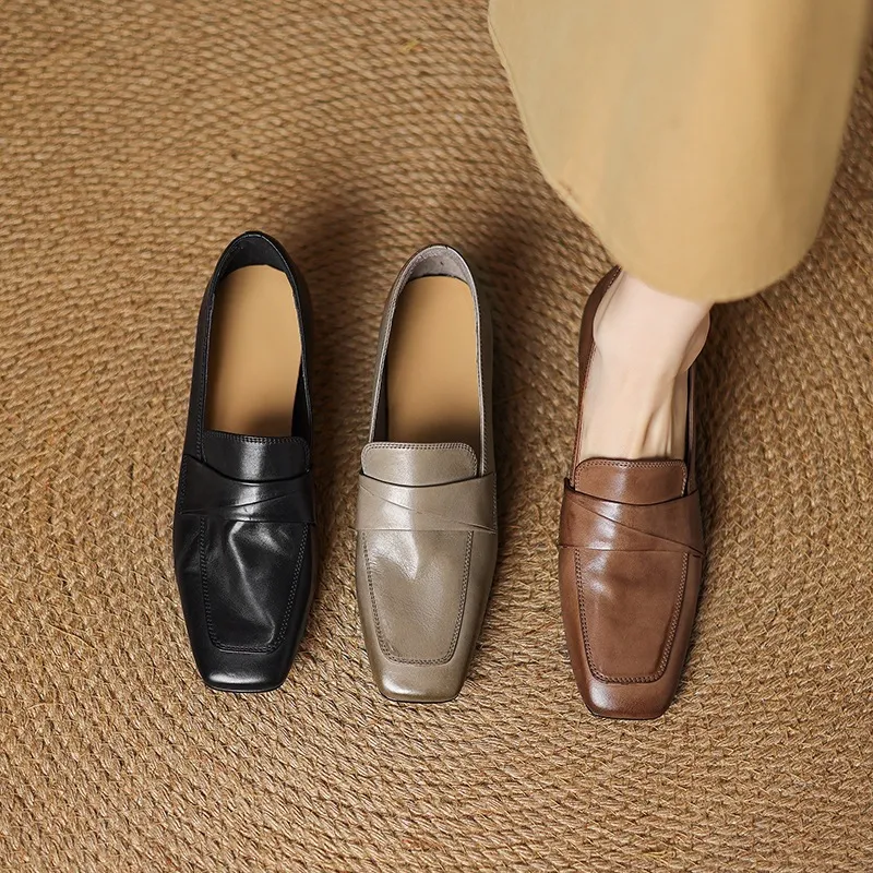 Spring square-toe chunky heel slip-on single shoes, comfortable solid color cowhide women's shoes, black, brown, gray