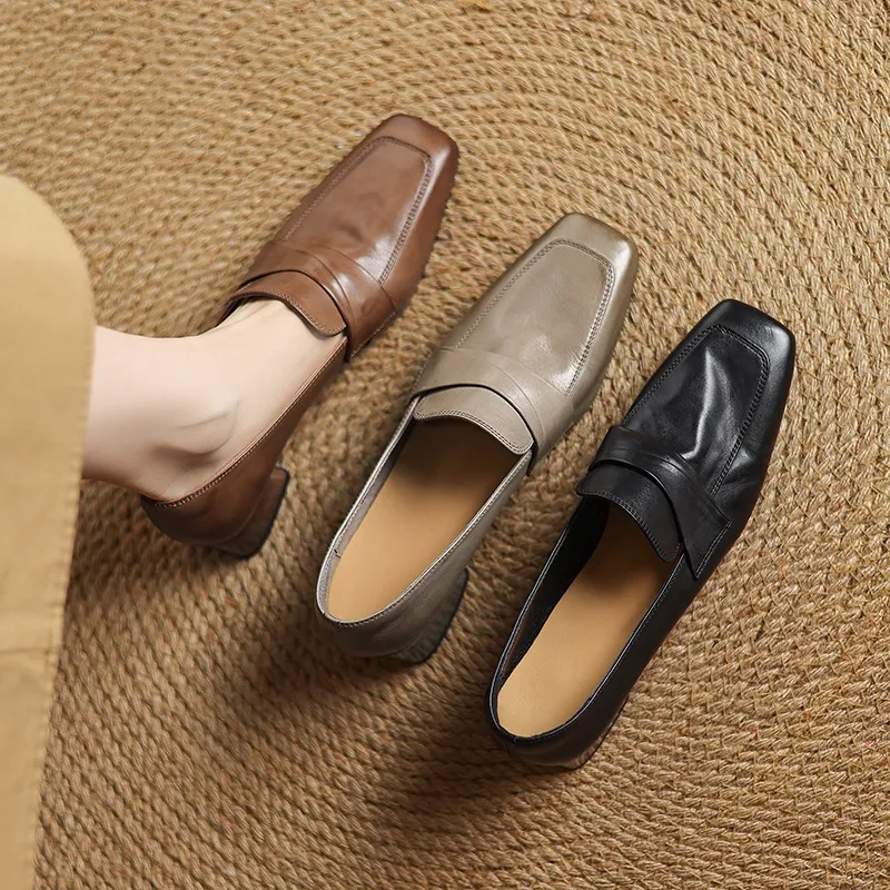 Spring square-toe chunky heel slip-on single shoes, comfortable solid color cowhide women's shoes, black, brown, gray
