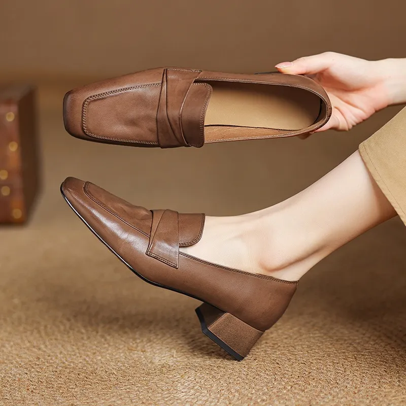 Spring square-toe chunky heel slip-on single shoes, comfortable solid color cowhide women's shoes, black, brown, gray