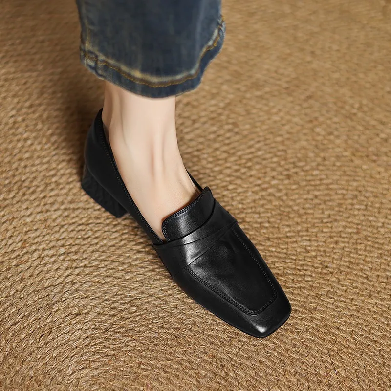 Spring square-toe chunky heel slip-on single shoes, comfortable solid color cowhide women's shoes, black, brown, gray