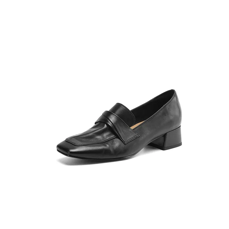 Spring square-toe chunky heel slip-on single shoes, comfortable solid color cowhide women's shoes, black, brown, gray