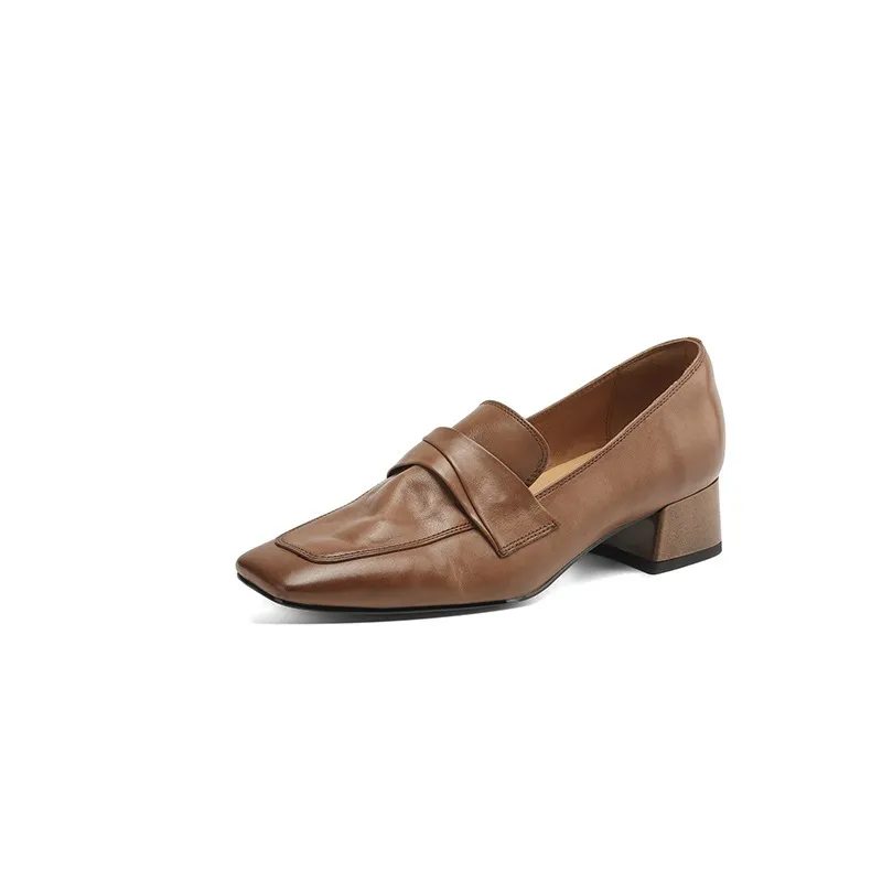 Spring square-toe chunky heel slip-on single shoes, comfortable solid color cowhide women's shoes, black, brown, gray
