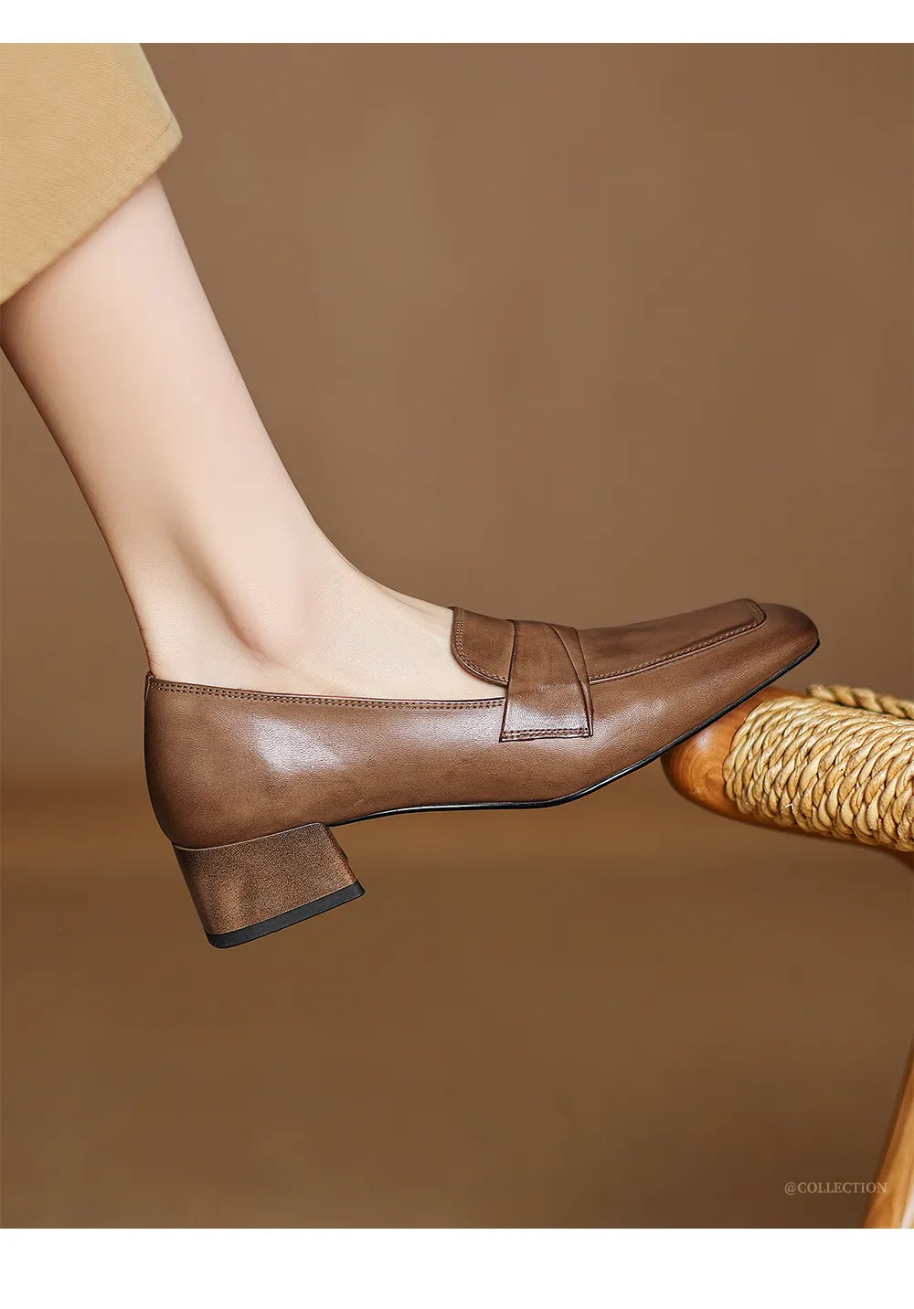 Spring square-toe chunky heel slip-on single shoes, comfortable solid color cowhide women's shoes, black, brown, gray
