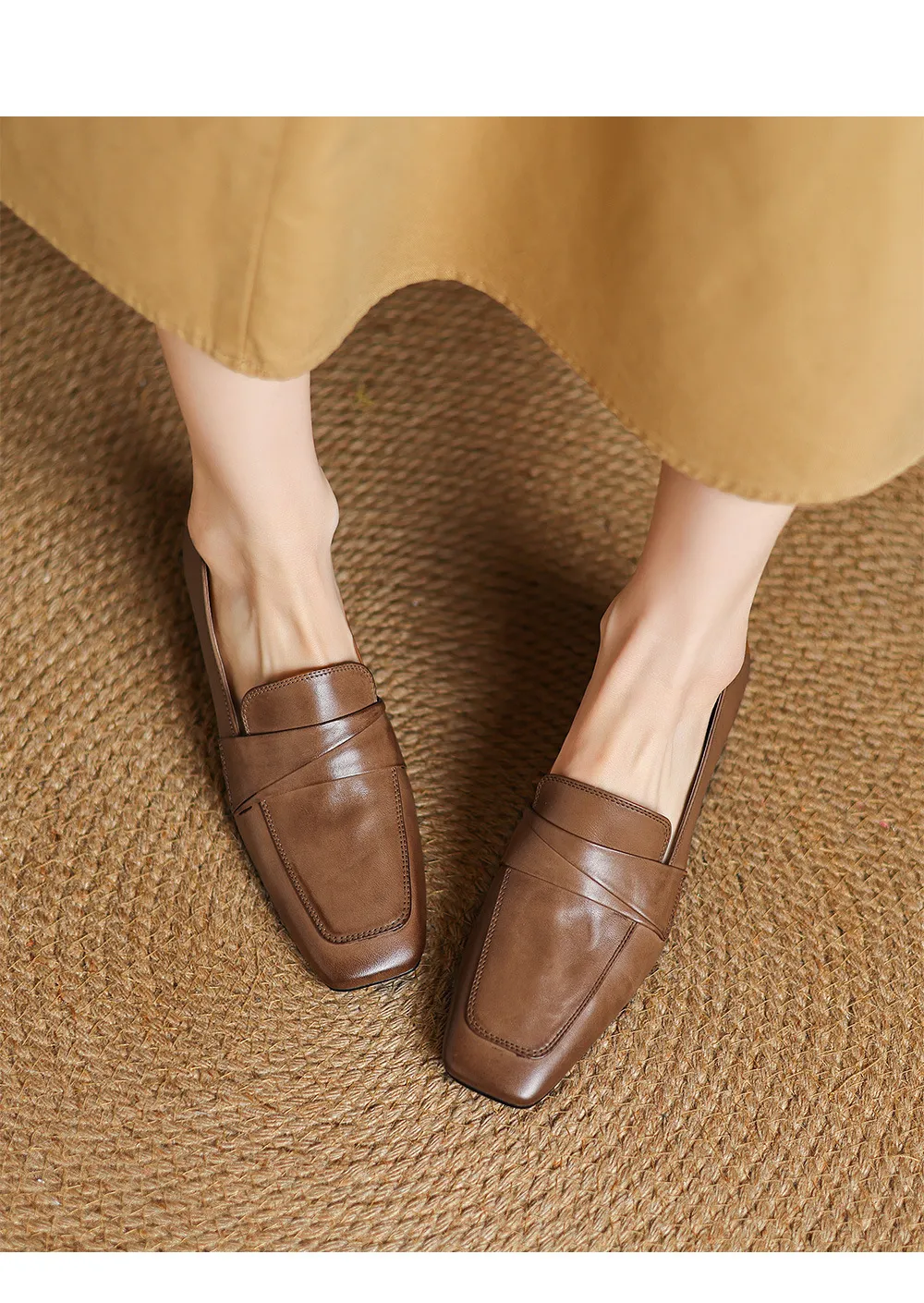 Spring square-toe chunky heel slip-on single shoes, comfortable solid color cowhide women's shoes, black, brown, gray