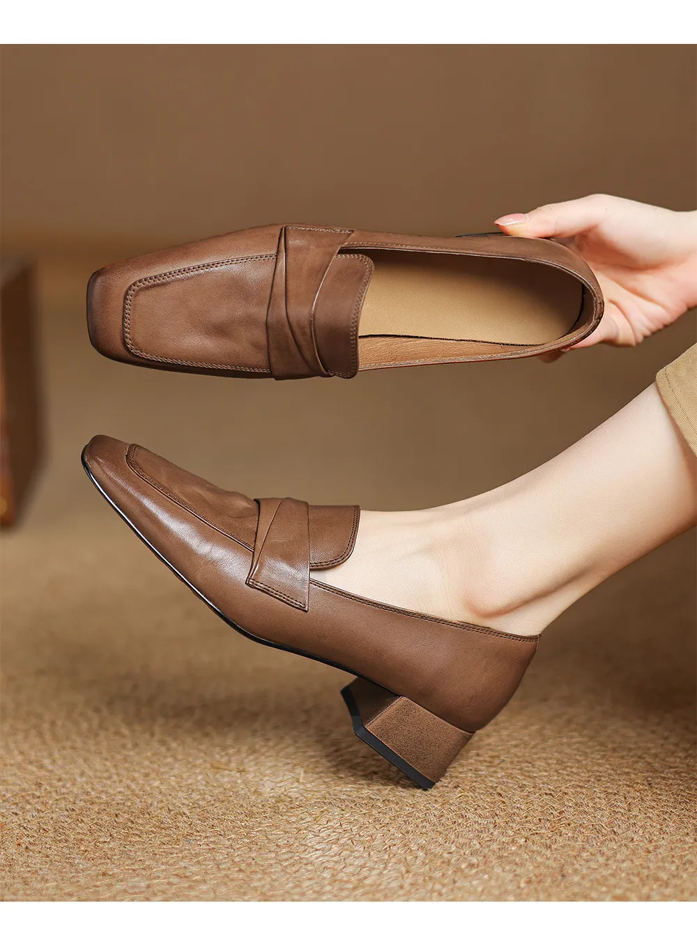 Spring square-toe chunky heel slip-on single shoes, comfortable solid color cowhide women's shoes, black, brown, gray