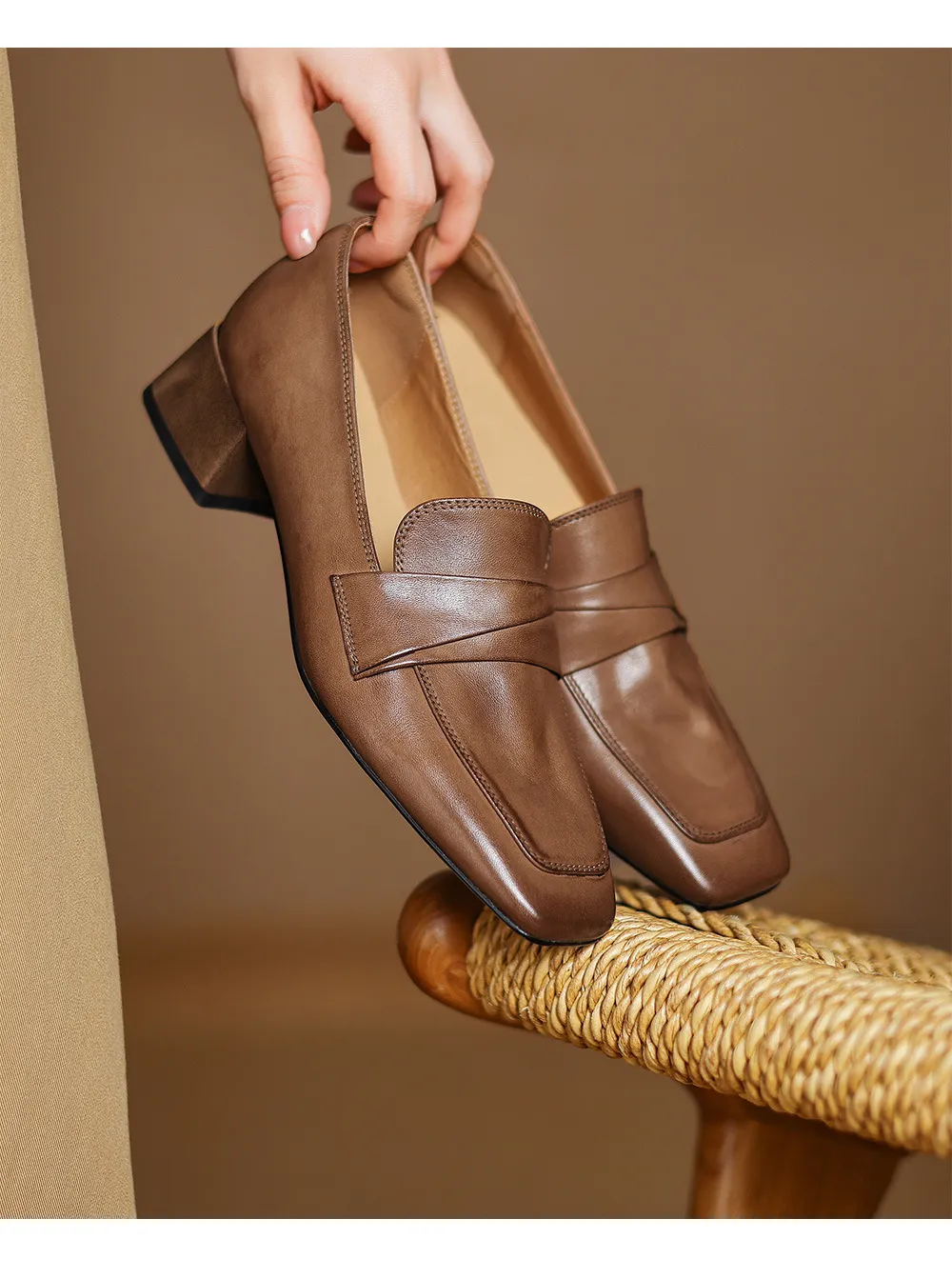 Spring square-toe chunky heel slip-on single shoes, comfortable solid color cowhide women's shoes, black, brown, gray
