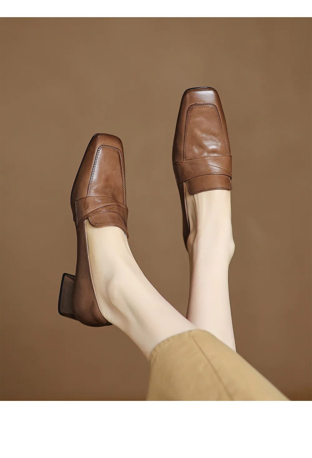 Spring square-toe chunky heel slip-on single shoes, comfortable solid color cowhide women's shoes, black, brown, gray