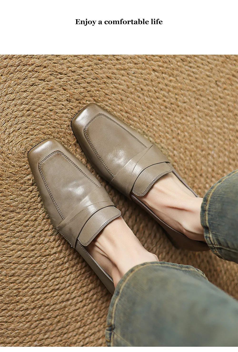Spring square-toe chunky heel slip-on single shoes, comfortable solid color cowhide women's shoes, black, brown, gray