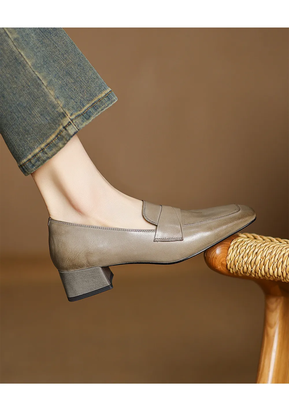 Spring square-toe chunky heel slip-on single shoes, comfortable solid color cowhide women's shoes, black, brown, gray