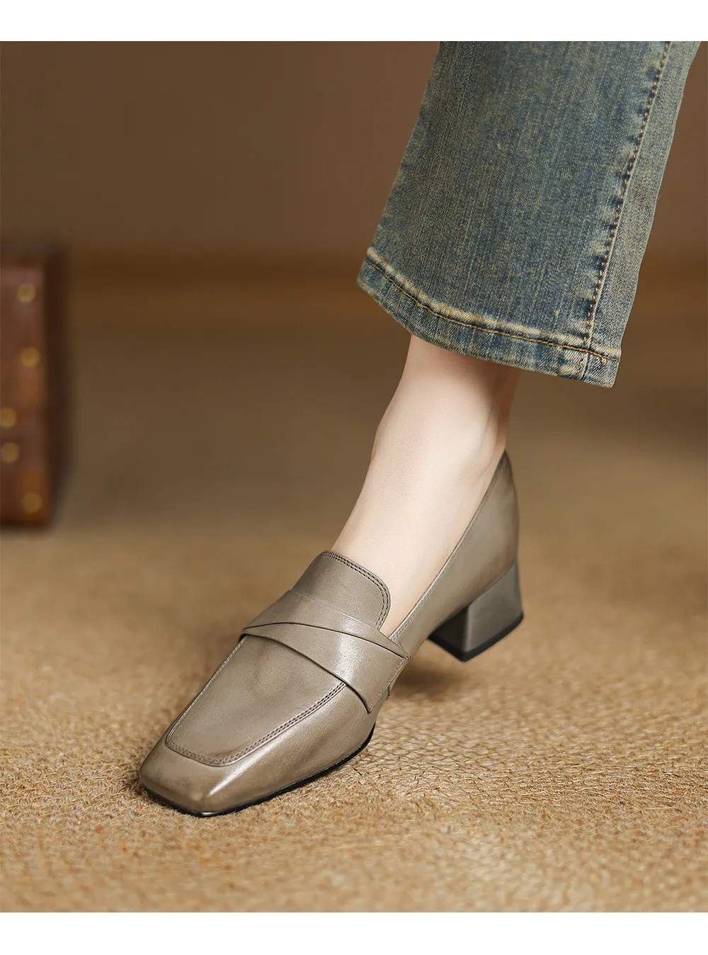 Spring square-toe chunky heel slip-on single shoes, comfortable solid color cowhide women's shoes, black, brown, gray