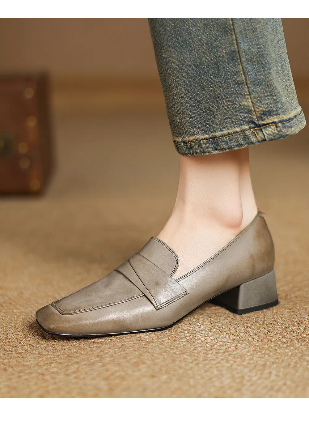 Spring square-toe chunky heel slip-on single shoes, comfortable solid color cowhide women's shoes, black, brown, gray