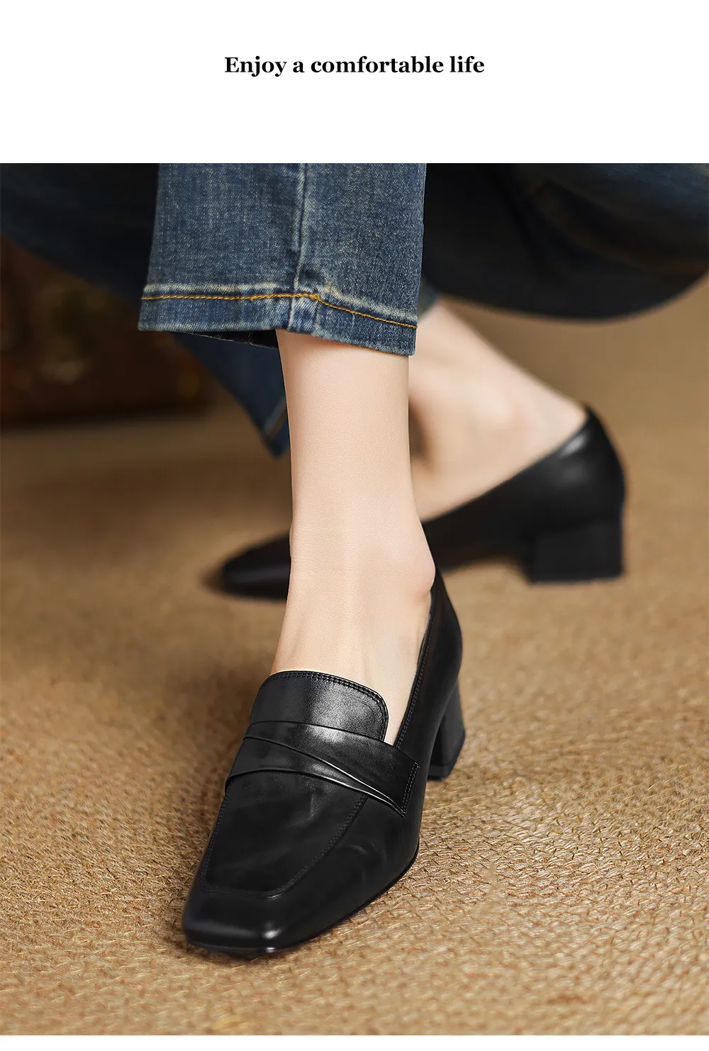 Spring square-toe chunky heel slip-on single shoes, comfortable solid color cowhide women's shoes, black, brown, gray