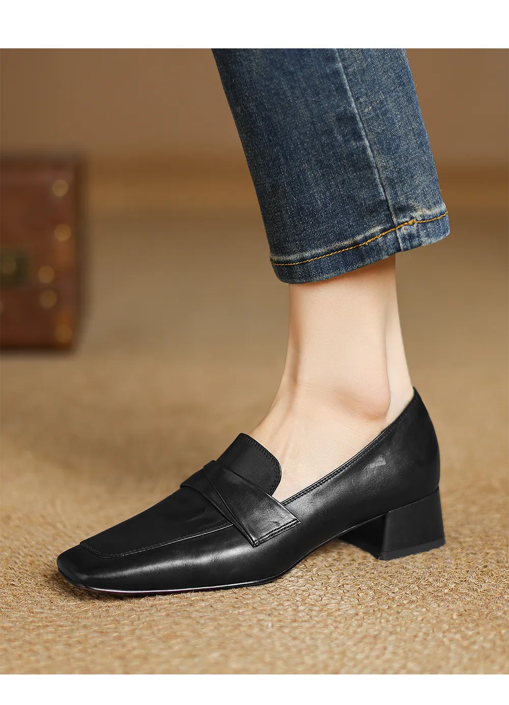 Spring square-toe chunky heel slip-on single shoes, comfortable solid color cowhide women's shoes, black, brown, gray