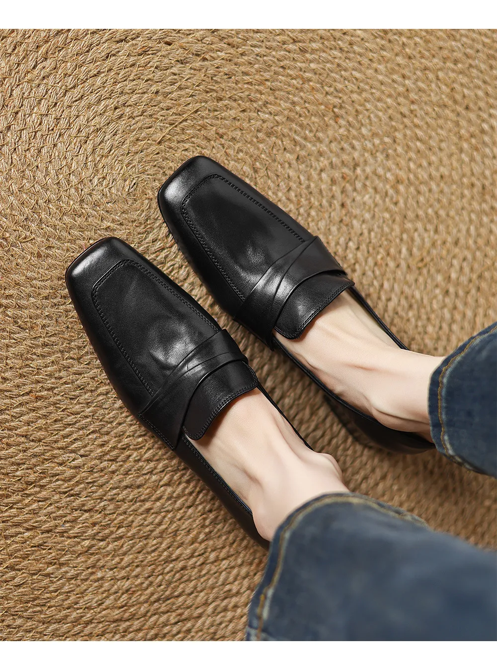 Spring square-toe chunky heel slip-on single shoes, comfortable solid color cowhide women's shoes, black, brown, gray