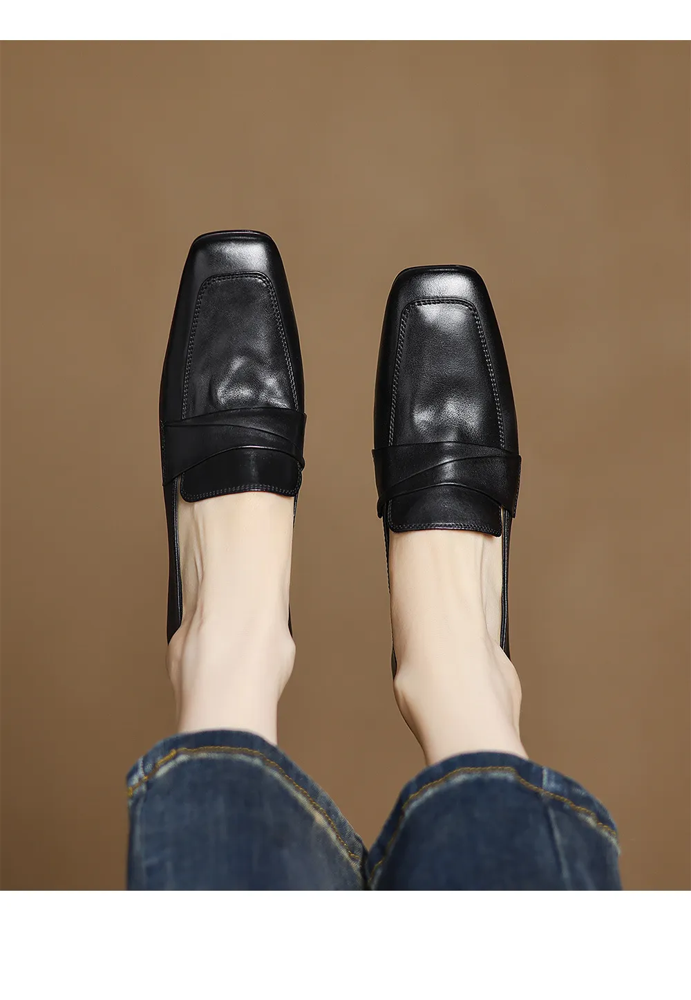 Spring square-toe chunky heel slip-on single shoes, comfortable solid color cowhide women's shoes, black, brown, gray
