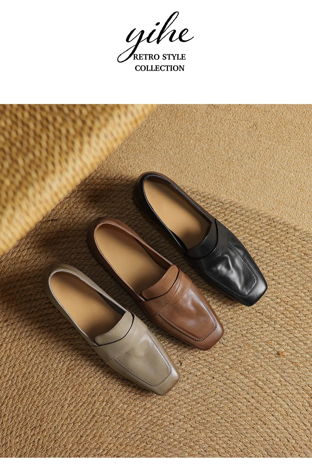 Spring square-toe chunky heel slip-on single shoes, comfortable solid color cowhide women's shoes, black, brown, gray