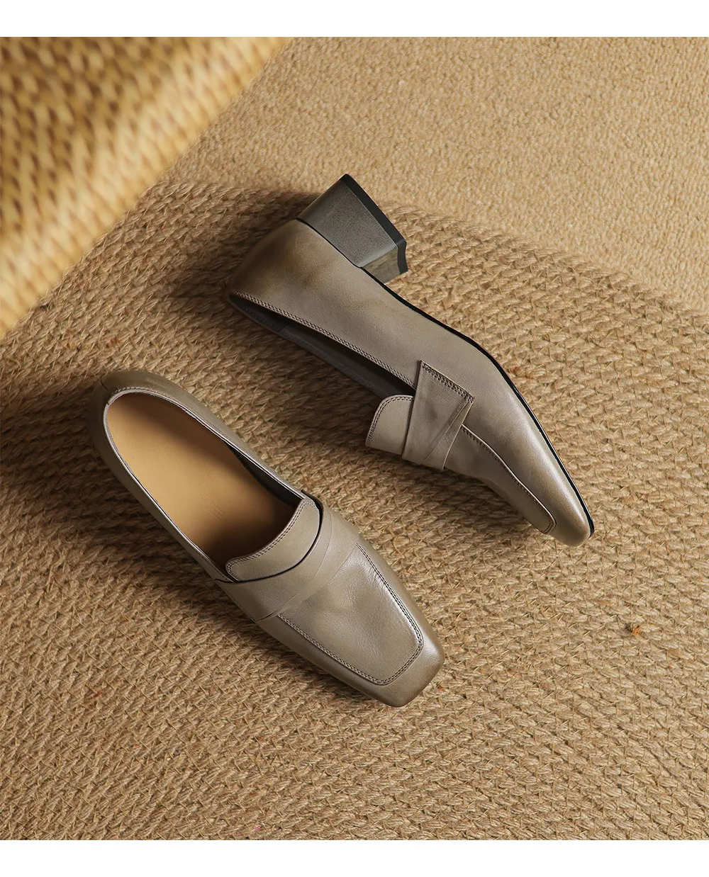 Spring square-toe chunky heel slip-on single shoes, comfortable solid color cowhide women's shoes, black, brown, gray