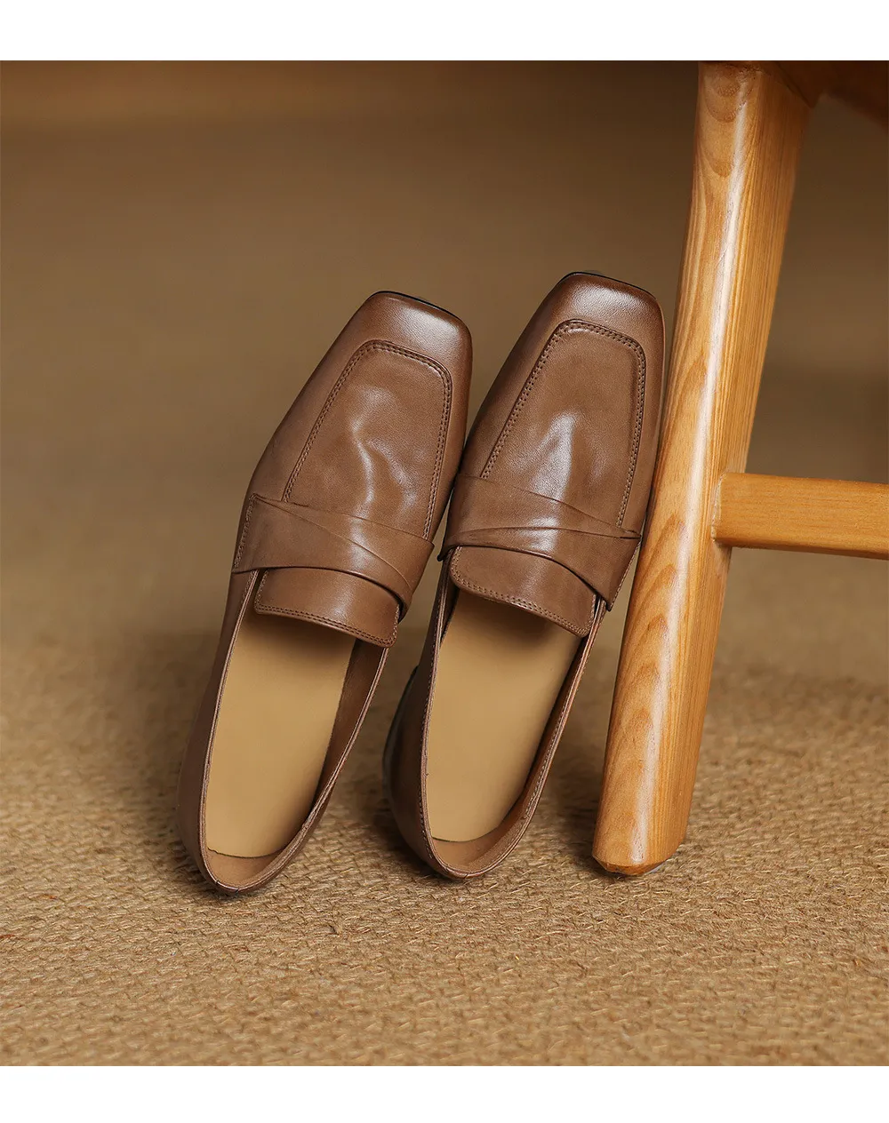 Spring square-toe chunky heel slip-on single shoes, comfortable solid color cowhide women's shoes, black, brown, gray