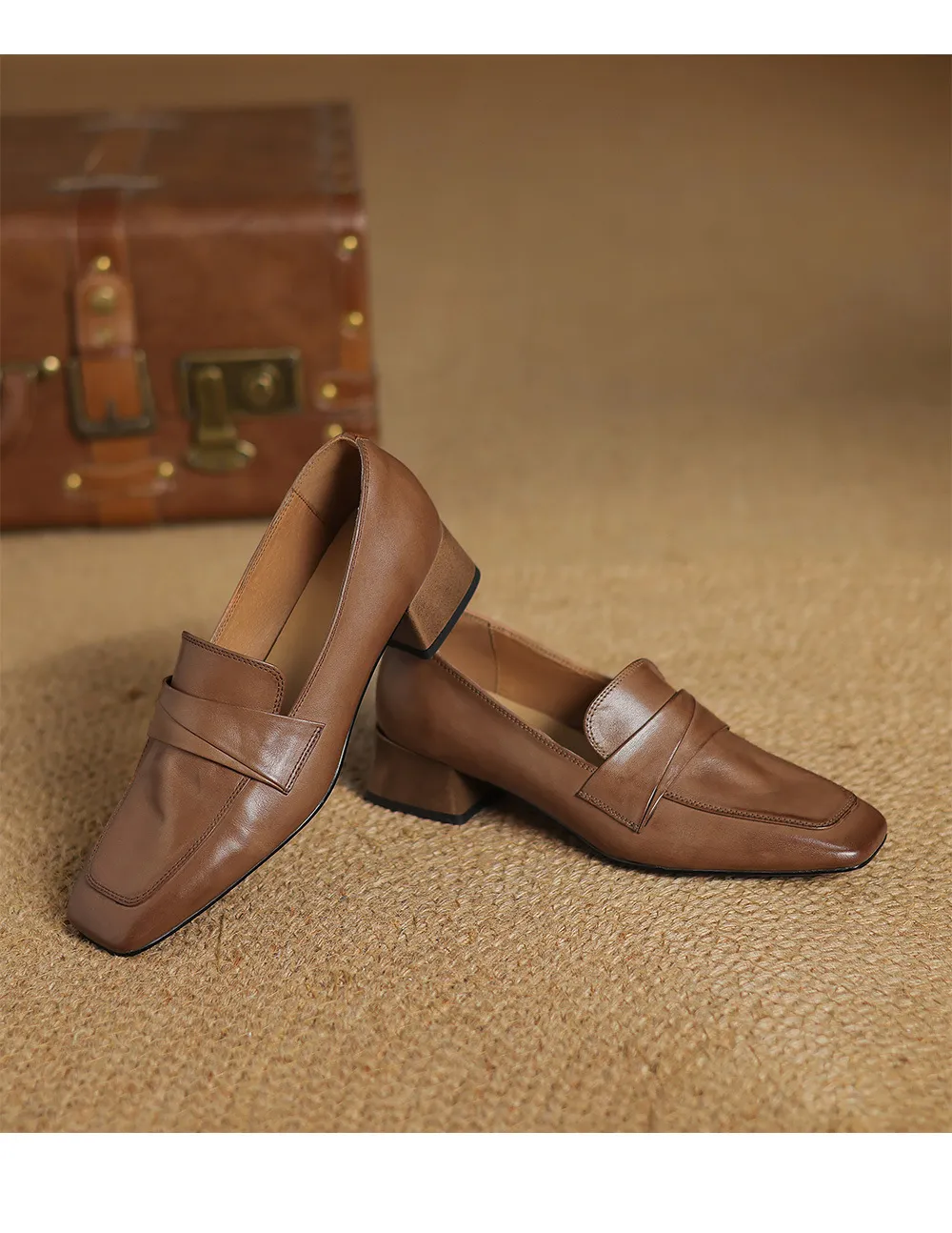 Spring square-toe chunky heel slip-on single shoes, comfortable solid color cowhide women's shoes, black, brown, gray