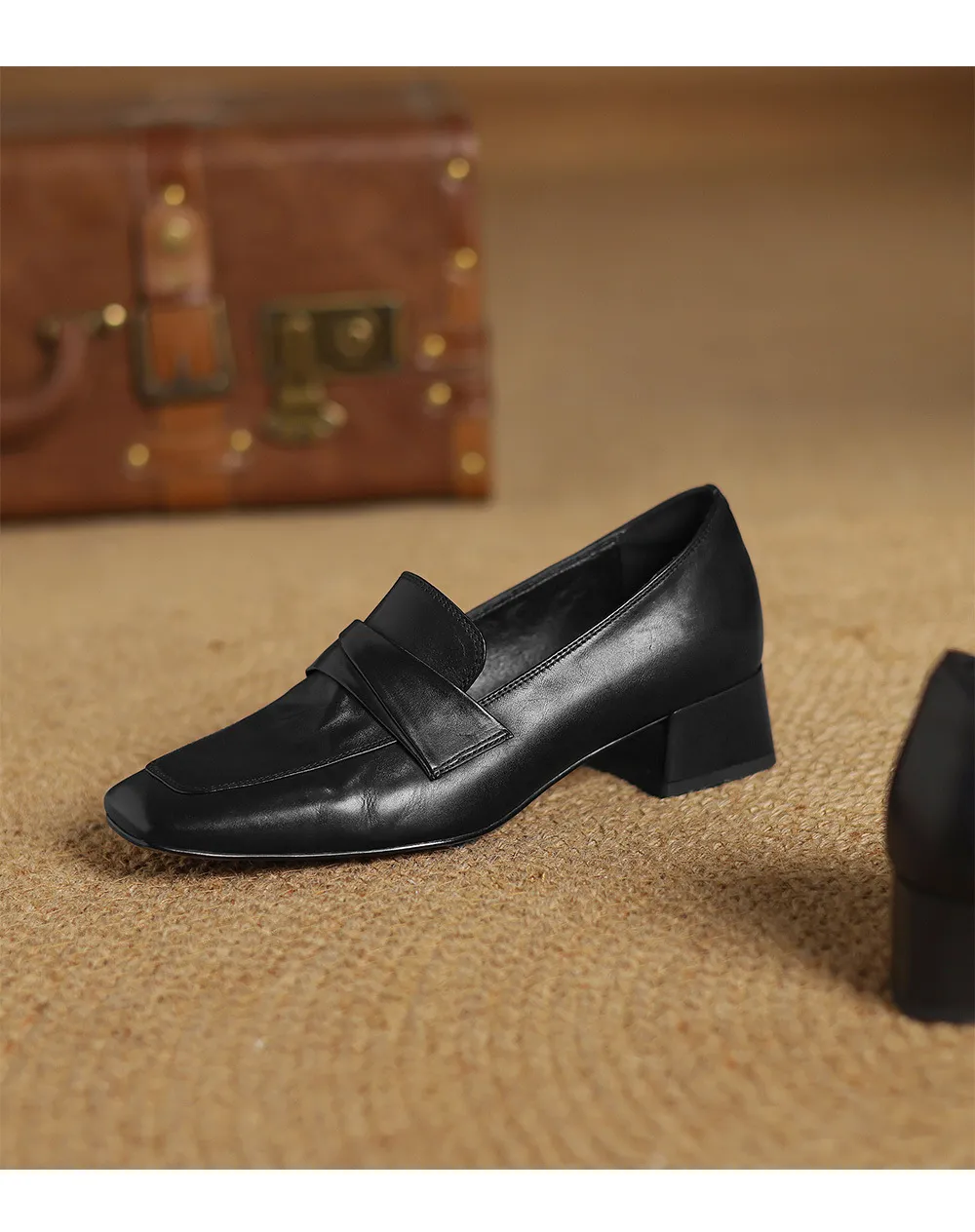 Spring square-toe chunky heel slip-on single shoes, comfortable solid color cowhide women's shoes, black, brown, gray