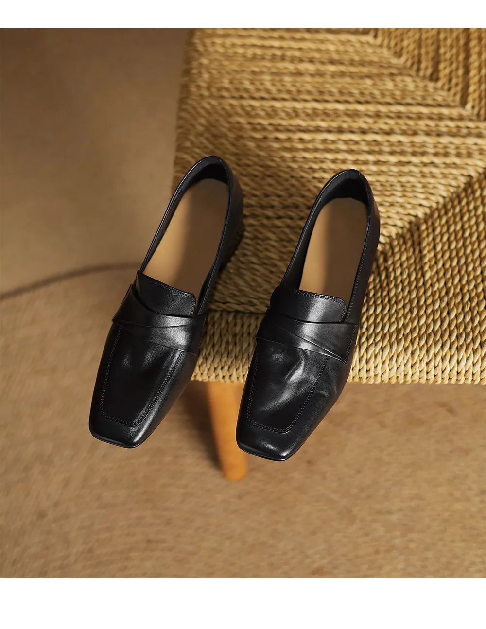 Spring square-toe chunky heel slip-on single shoes, comfortable solid color cowhide women's shoes, black, brown, gray