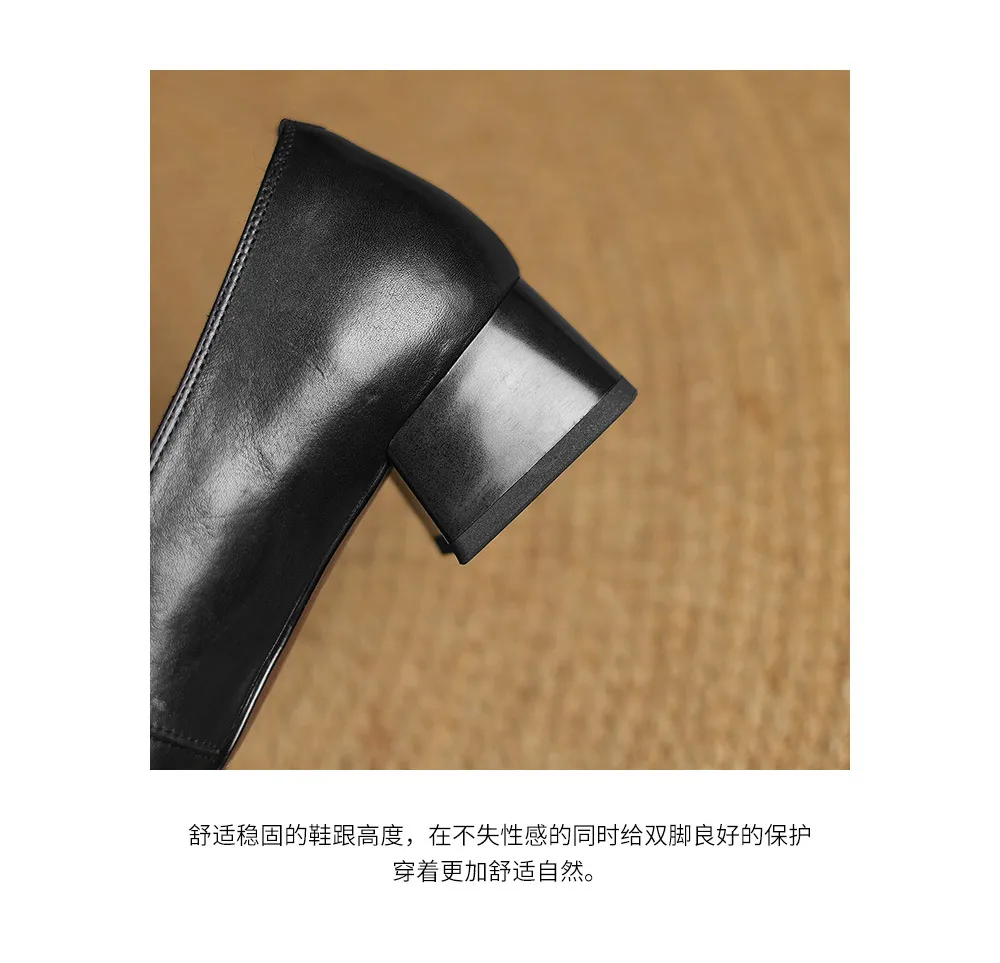 Spring square-toe chunky heel slip-on single shoes, comfortable solid color cowhide women's shoes, black, brown, gray
