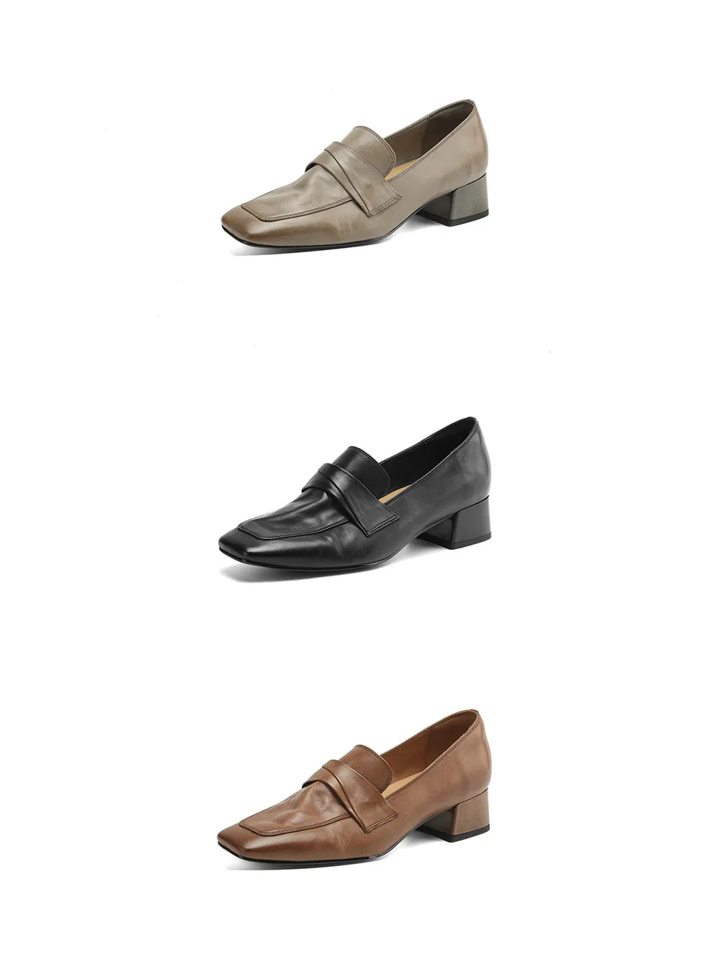 Spring square-toe chunky heel slip-on single shoes, comfortable solid color cowhide women's shoes, black, brown, gray