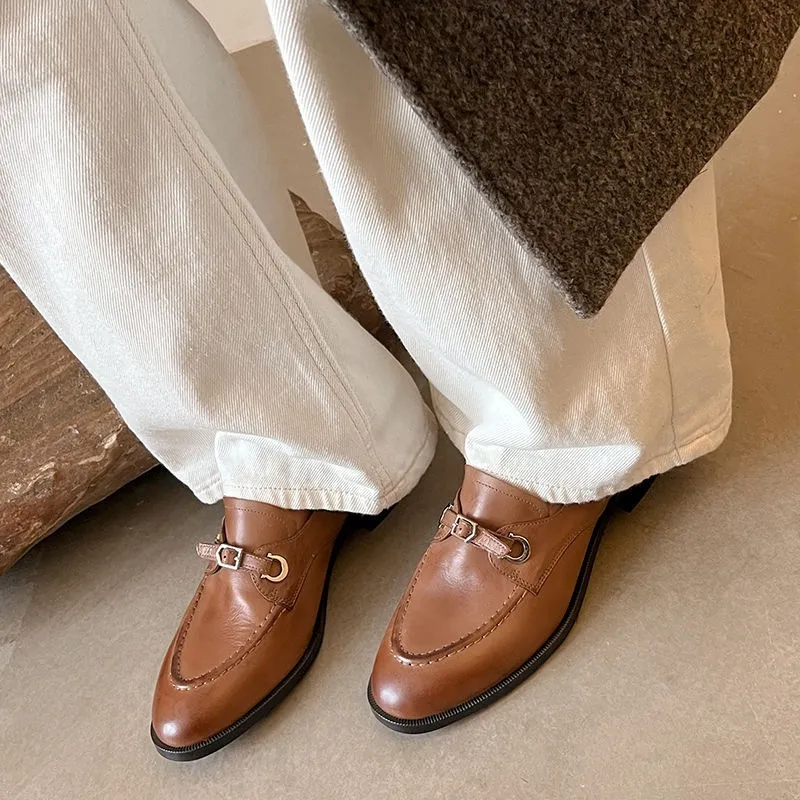Spring round-toe chunky heel low-heel slip-on single shoes, cowhide, comfortable and simple, one-piece leather shoes