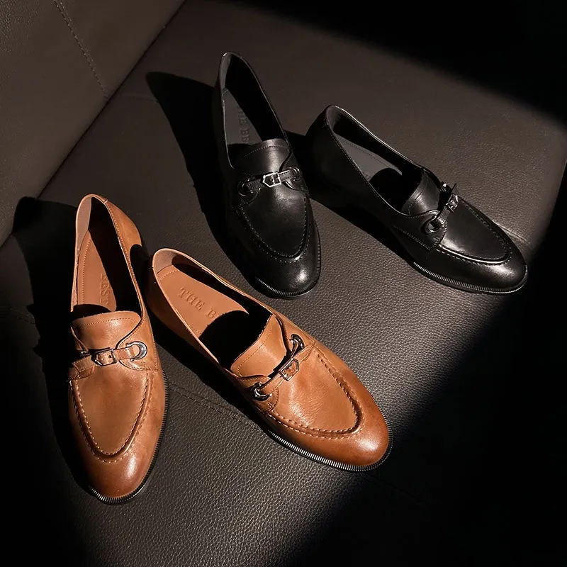 Spring round-toe chunky heel low-heel slip-on single shoes, cowhide, comfortable and simple, one-piece leather shoes