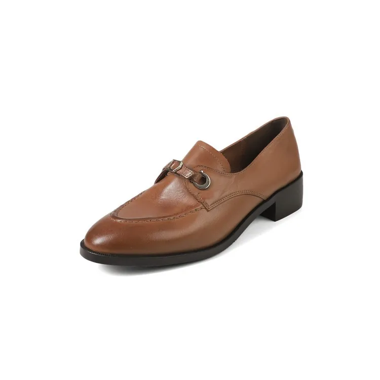 Spring round-toe chunky heel low-heel slip-on single shoes, cowhide, comfortable and simple, one-piece leather shoes