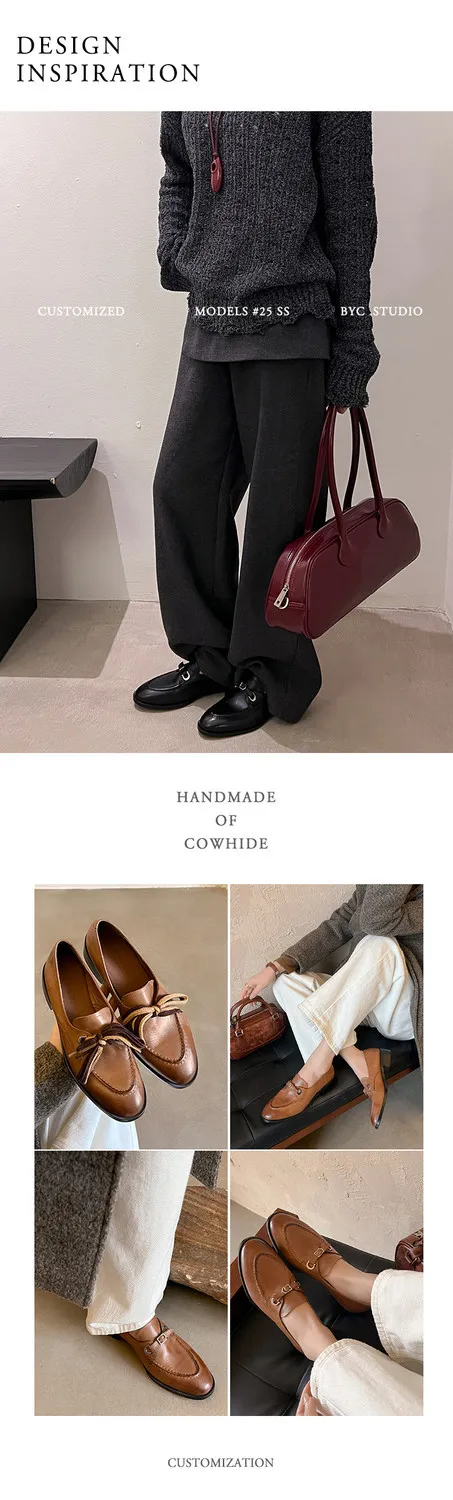 Spring round-toe chunky heel low-heel slip-on single shoes, cowhide, comfortable and simple, one-piece leather shoes