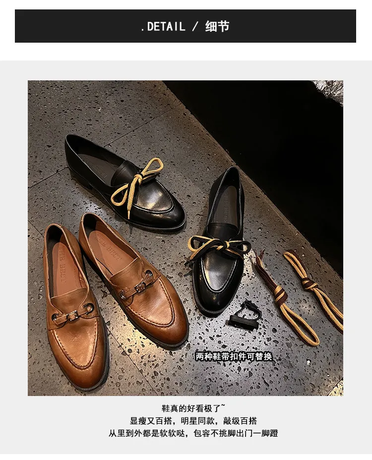 Spring round-toe chunky heel low-heel slip-on single shoes, cowhide, comfortable and simple, one-piece leather shoes