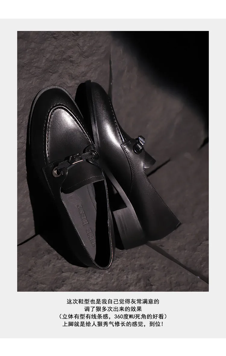 Spring round-toe chunky heel low-heel slip-on single shoes, cowhide, comfortable and simple, one-piece leather shoes